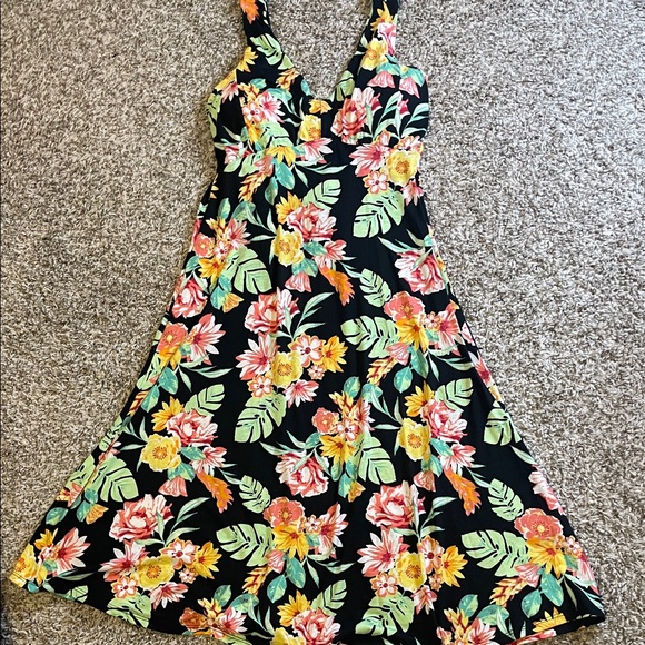 Tropical Floral Midi Dress - Black and Multicolor - Picture 1 of 12